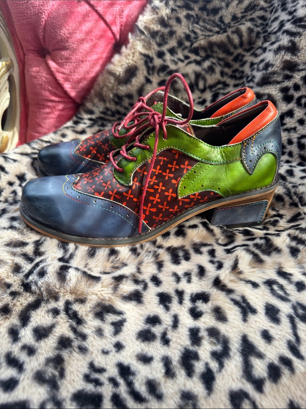 Society Colorful Lace-Up Women’s Block Heel Oxford in Green, Navy & Red